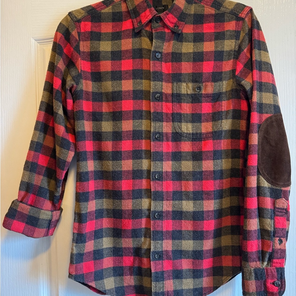 J. Crew Men's Casual Plaid Shirt - Red, Black, and Tan With Leather Elbow Patch